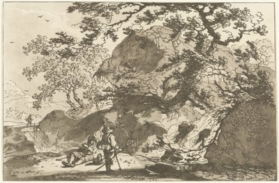 Landschap met een visser en een rustende man Dwanaście projektów obliczonych na użytek tych, którzy uczą się rysować krajobraz (tytuł serii) autorstwa Hendrik Meijer