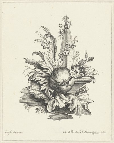 Ornament z granatem z liśćmi i obeliskiem autorstwa Hendrik Nieuwenhuysen