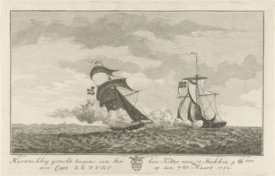 Bitwa z silnym kutrem, 1782 Zacięta walka z silnym Kotterem z 18 kawałków (...) przez kpt: Le Turc 7 marca 1782 (tytuł na obiekcie) autorstwa Hendrik Roosing