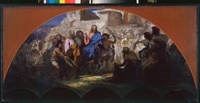 Wjazd Chrystusa do Jerozolimy. (jazda na osiołku, otoczona machającym tłumem i układającym na swojej drodze gałęzie). Praca Henryka Siemiradzkiego (1843-1902), olej na tekturze autorstwa Henryk Siemiradzki