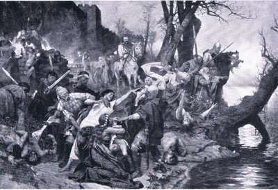 Wojownicy Światosławia podczas masakry pod murami Dextera (Durostorum), ilustracja z książki Zabytki w historii Europy wydanej przez wydawnictwo Gresham Publishing Co, ok. 1920 r. (lito) autorstwa Henryk Siemiradzki