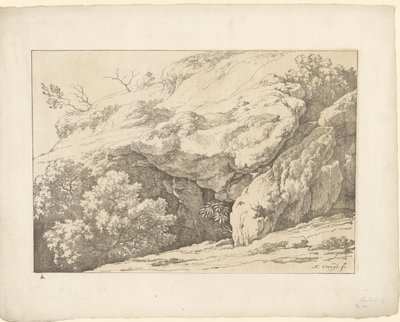 Skały z krzakami Tentamina Lithographica (tytuł serii) Włoskie pejzaże (tytuł serii) autorstwa Hendrik Voogd