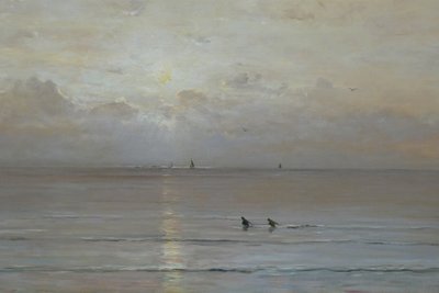 Holenderski: Zachód słońca z poławiaczami krewetek autorstwa Hendrik Willem Mesdag