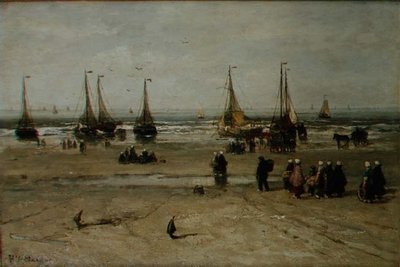 Przybrzeżny krajobraz ze statkami rybackimi i rybakami autorstwa Hendrik William Mesdag