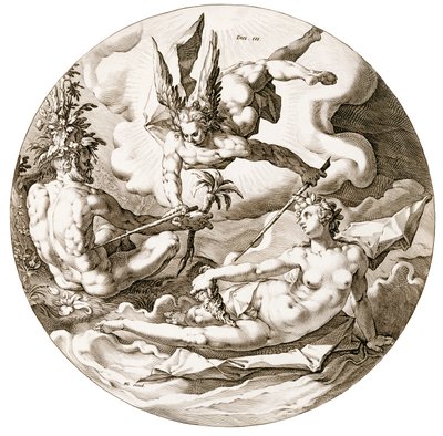 Dzień III, Oddzielenie wód, z cyklu Sześć dni stworzenia, 1589 autorstwa Hendrik after Goltzius