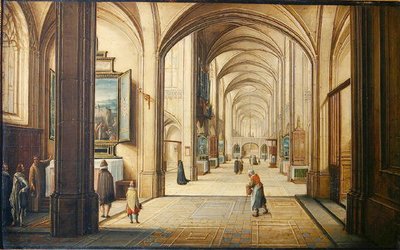 Wnętrze kościoła z zakrystianem pokazującym obraz zwiedzającym, 1608 (olej na karcie) autorstwa Hendrik the Younger Steenwyck