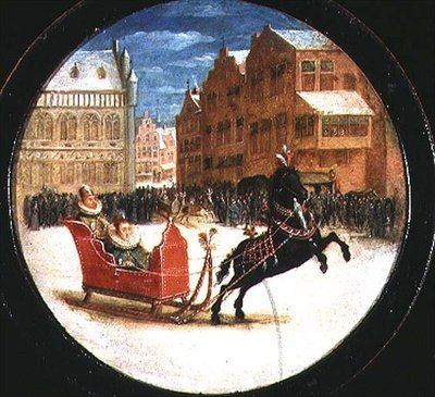 Zimowy pejzaż z postaciami w konnych saniach (olej na miedzi) autorstwa Hendrik the Younger Steenwyck