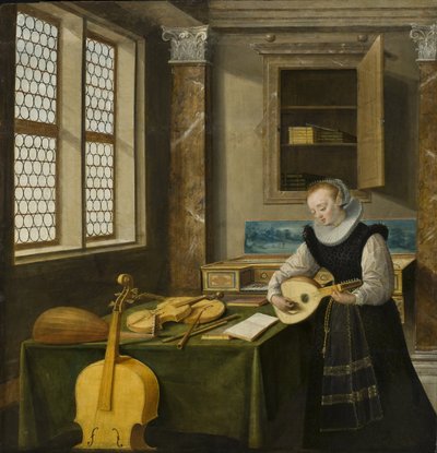 Dame jouant du luth - Pani grająca na lutni, autorstwa Steenwycka, Hendrick van, Młodszy (1580-1649). Olej na drewnie. Wymiar : 65x64 cm. Muzeum Narodowe w Sztokholmie autorstwa Hendrik van (c.1580 1649) Steenwyk