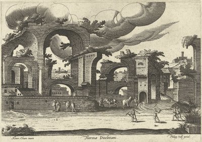 Ruiny Łaźni Dioklecjana z boku z dwoma mężczyznami grającymi w krokieta na pierwszym planie, 1585. autorstwa Hendrik van Cleve III