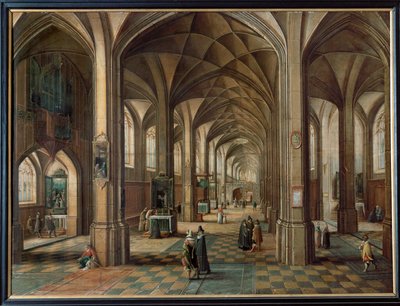 Wnętrze kościoła, zakrystian pokazujący ołtarz odwiedzającym ... autorstwa Hendrik van Steenwyck