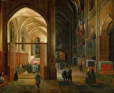 Nabożeństwo wieczorne w gotyckim kościele - Hendrick van Steenwyck Starszy (ok. 1550-1603). Olej na miedzi, ca. 1600. Wymiary: 20,8 x 26,3 cm. Muzeum Historii Sztuki, Wiedeń autorstwa Hendrik van Steenwyck