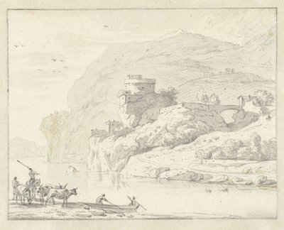 Włoski pejzaż górski z pasterzami i bydłem oraz dwiema postaciami w łodzi przepływającej przez rzekę autorstwa Hendrik van der Straaten (attributed to)