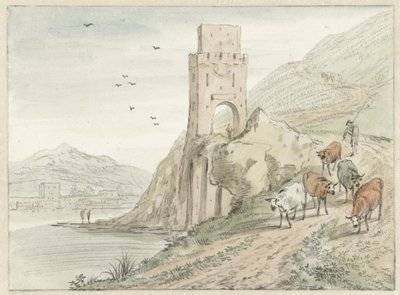 Italianate Krajobraz rzeczny z górami i wieżą bramną autorstwa Hendrik van der Straaten
