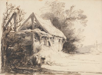 Stara stodoła, drzewa i krowy autorstwa Heneage Finch fourth Earl of Aylesford