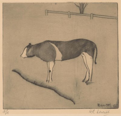 Krowa stojąca przy banku autorstwa Henk Henriët (signed by artist)