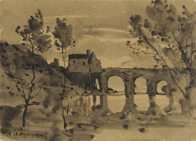 Krajobraz rzeczny z mostem i domem autorstwa Henri-Joseph Harpignies