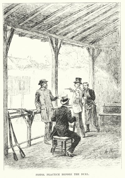 Trening pistoletowy przed pojedynkiem (grawerunek) autorstwa Henri-Louis Dupray