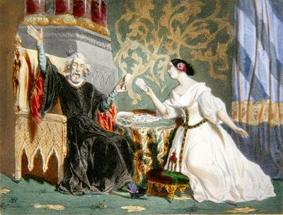 Rosine Stolz (1815-1903) i Paul Barroilhet (1810-71) w akcie II opery „Charles VI” Jacques Fromental Halevy (1799-1862) (kolor lito) autorstwa Henri (after) Baron