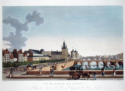 Widok na targ kwiatowy przy Palais de Justice, c.1816-20 (kolorowy grawerunek) autorstwa Henri (after) Courvoisier Voisin