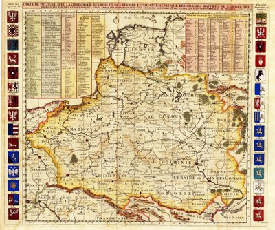 Mapa Polski obejmuje fragmenty Inflant i Wielkiego Księstwa Moskiewskiego par Chatelain, Henri Abraham (1684-1743). Akwaforta, akwarela autorstwa Henri Abraham Chatelain
