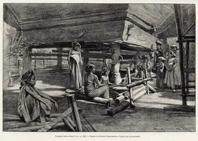 Batak kobiety, grupa etniczna Sumatry Północnej, tkactwo. Grawerowanie Laurenta Desrousseaux dla zilustrowania historii „Rok w Malezji”, Jules Claine (1856-1939), w latach 1889-1890, w Le tour du Monde 1892, reżyseria Edouard Charton (1807-1891), Hachette, autorstwa Henri Alphonse Louis Laurent Desrousseaux