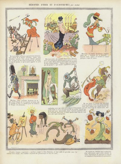 Bohaterki przeszłości i teraźniejszości. Ilustracja do Le Rire autorstwa Henri Avelot