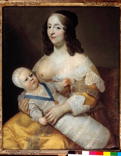 Przedstawienie przyszłego dziecka króla Ludwika XIV (1638-1715) w kostiumie kąpielowym w ramionach pielęgniarki Marie de Longuet de la Giraudiere Pierś kobiety jest odkryta i gotowa do karmienia dziecka. Obraz Karola (1604-1692) i Henri (1603-1677) autorstwa Henri Beaubrun