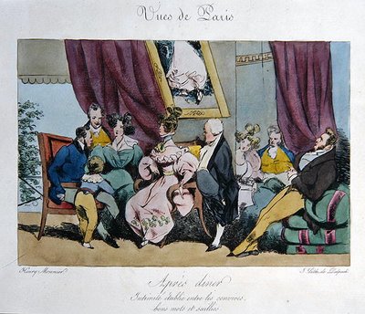 Humorystyczny obraz zachowania i rozmowy gości po obiedzie, karykatura dla „Vues de Paris, esquisses morales et philosophiques”, grawerowana przez Francois Serafina Delpecha (1778-1825) (kolor litho) autorstwa Henri Bonaventure (after) Monnier