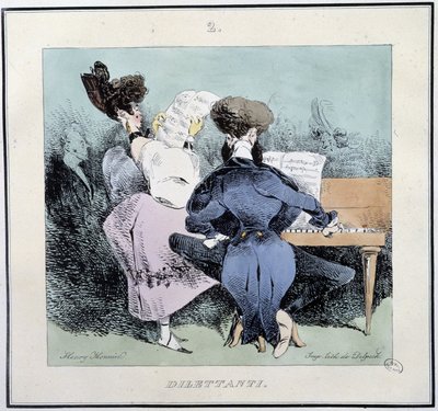 Dilettantes (młodzi ludzie śpiewający i grający na pianinie) - w „Paryskich szkicach” Henri Monniera, wyd. Delpech, Paryż autorstwa Henri Bonaventure Monnier