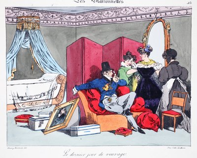 Le dernier jour de veuvage, ilustracja z "Les Marionnettes" Henri Monnier, litografia Delpech, wyd. Paryż, ok. 1828 (litografia ręcznie kolorowana) autorstwa Henri Bonaventure Monnier