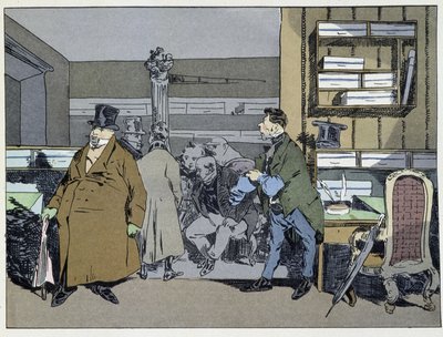 Dziewięć godzin: przybycie pracowników, zmiana kostiumów, mała wycieczka po piecu - w „”Obrzędach administracyjnych”” Henri Monniera autorstwa Henri Bonaventure Monnier