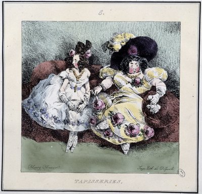 Brzydkie kobiety robiące „”gobelin”” siedzące w salonie – w „Parisiennes” Henri Monniera, wyd. Delpech, Paryż autorstwa Henri Bonaventure Monnier