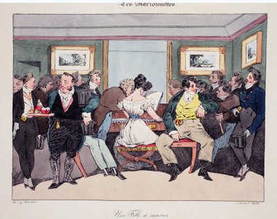 Une fille a marier, ilustracja z „Les Marionnettes” Henri Monniera, litografia Delpech, wyd. Paryż, ok.1828 (ręcznie kolorowana lito) autorstwa Henri Bonaventure Monnier