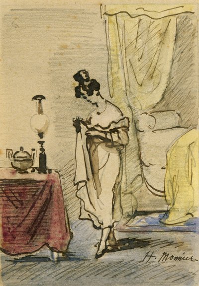 Młoda dama w domu (tusz i wc na papierze) 2:Jeune fille dans un interieur; intimite; autorstwa Henri Bonaventure Monnier