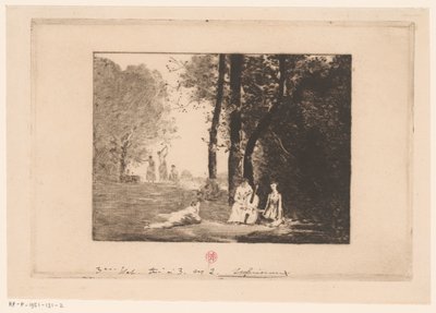 Kobiety tworzące muzykę pod drzewem autorstwa Henri Charles Guérard (signed by artist)