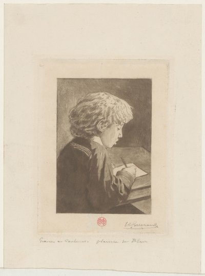 piszący chłopiec autorstwa Henri Charles Guérard (signed by artist)