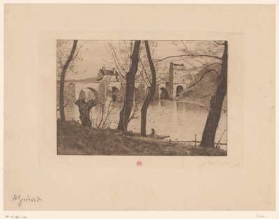 Widok na most w Mantes-la-Jolie autorstwa Henri Charles Guérard