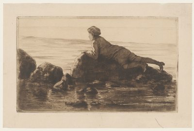 Chłopiec leżący na głazach na plaży autorstwa Henri Charles Guérard