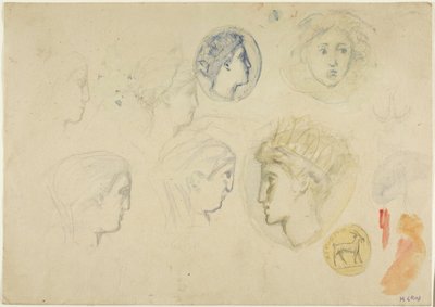Szkice: głowy profili, monety lub medale (recto); Drzewa (verso) autorstwa Henri Cros