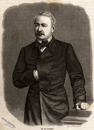 Portret Ferdynanda de Lessepsa (1805-1894) dyplomaty i przedsiębiorcy, promotora dwóch ambitnych projektów: Kanałów Sueskich i Panamskich, narysowany przez Henri Rousseau, ilustrujący wyprawę Paula Merruau do Kanału Sueskiego w 1862 roku. Grawerowanie w „” autorstwa Henri Emilien Rousseau