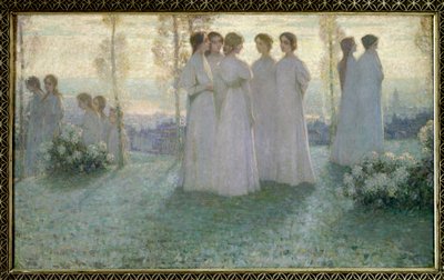 W niedzielę Kobieta ubrana na biało rozmawiająca w ogrodzie - Obraz Henri Eugene (Henri-Eugene) Le Sidaner (1862-1939) autorstwa Henri Eugene Augustin Le Sidaner
