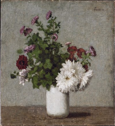 Martwa natura kwiatowa: jesienne chryzantemy w białym wazonie autorstwa Henri Fantin-Latour