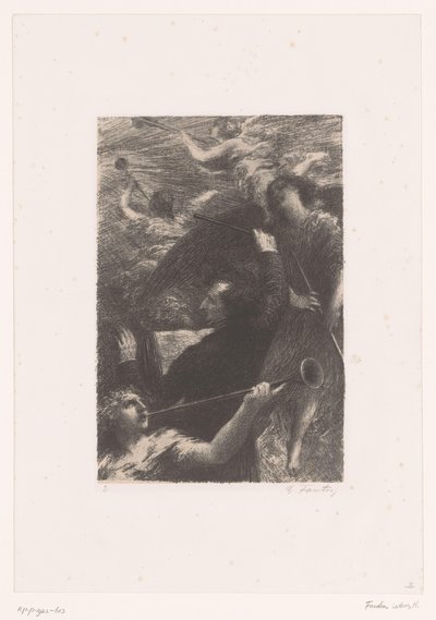 Berlioz dyryguje pomiędzy czterema aniołami trąbiącymi Tuba mirum spargens sonum Życie i twórczość Hectora Berlioza (tytuł serii) autorstwa Ignace Henri Jean Fantin Latour