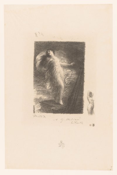 Jonge vrouw uit Taranto valt van de boeg van een schip Młoda Tarentina Elegy XX (w starym stylu) Gedichten van André Chénier (tytuł serii) Ilustracje do wierszy André Chéniera (tytuł serii) autorstwa Ignace Henri Jean Fantin Latour