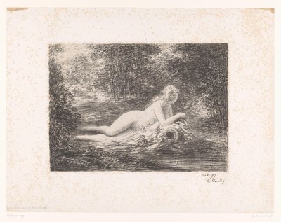 Nimfa z dzbanem na wodę przy leśnym potoku La source dans les bois (tytuł na obiekcie) autorstwa Ignace Henri Jean Fantin Latour