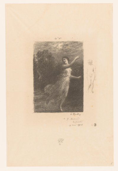 Nimf vlucht weg voor sater Nocą wędrująca nimfa Bukoliki. Sielanki i fragmenty sielanek. XXIV Gedichten van André Chénier (tytuł serii) Ilustracje do wierszy André Chéniera (tytuł serii) autorstwa Ignace Henri Jean Fantin Latour
