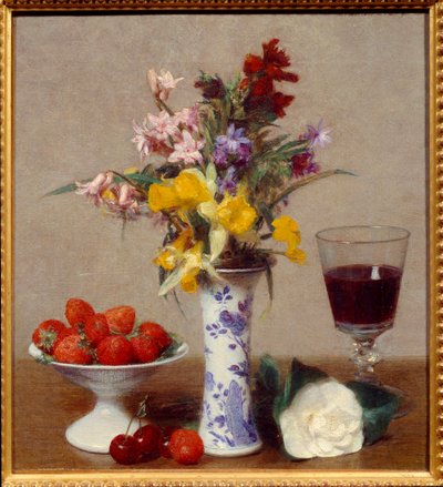 Martwa natura zwana zaręczynami Kieliszek czerwonego wina, bukiet melanżu, wiśni i truskawek. Obraz Henri Fantina Latoura (Fantin-Latour) (1836-1904) 1869 Nd. 0,32x0,29 m Grenoble, musee des Beaux Arts autorstwa Ignace Henri Jean Fantin Latour