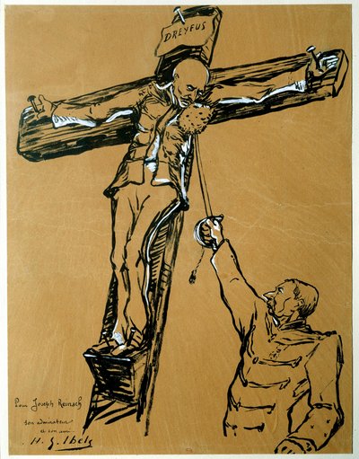 Satyra na aferę Dreyfusa: „” Kapitan Dreyfus i generał Mercier (1833-1921): minister wojny, który skazał Dreyfusa, zamiast rzymskiego żołnierza, wyciąga gąbkę do ukrzyżowania kapitana Dreyfusa, aby otarł twarz”” „Chiński tusz i gwak autorstwa Henri Gabriel Ibels