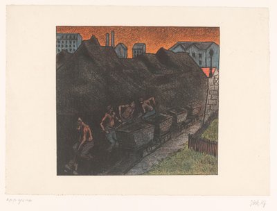 Czterech górników szufluje węgiel do wózków Au parc de charbon Spektakle Théâtre Libre (tytuł serii) Les Programs du Théâtre Libre (tytuł serii) autorstwa Henri Gabriel Ibels