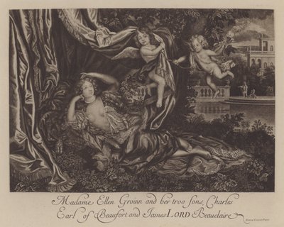 Nell Gwyn i jej dwaj synowie, Charles, Earl of Burford i James, Lord Beauclerk (grafika) autorstwa Henri Gascar